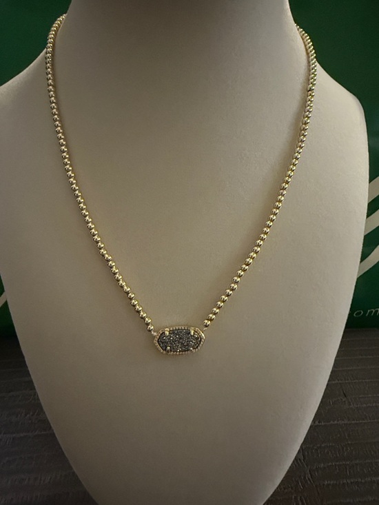 Jewelry - Gold Bead Necklace with Black Druzy Oval Pendant